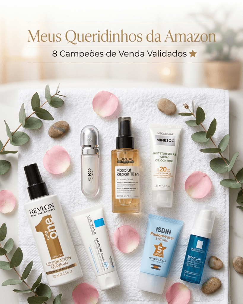 Seleção dos produtos de beleza campeões de venda na Amazon organizados para rotina de autocuidado.