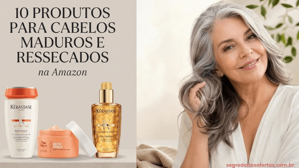 Mulher madura com cabelos grisalhos ao lado de produtos para cabelos ressecados