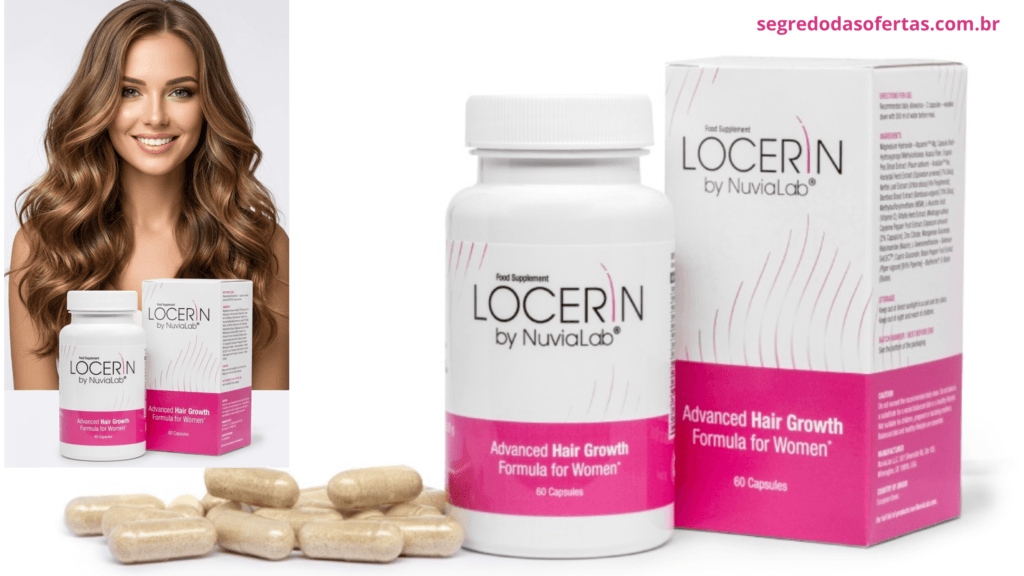 O Segredo para Combater a Queda de Cabelo Feminina e Restaurar a Saúde dos Fios 1 Frasco de suplemento capilar feminino Locerin para demonstrar como o produto funciona no tratamento antiqueda.