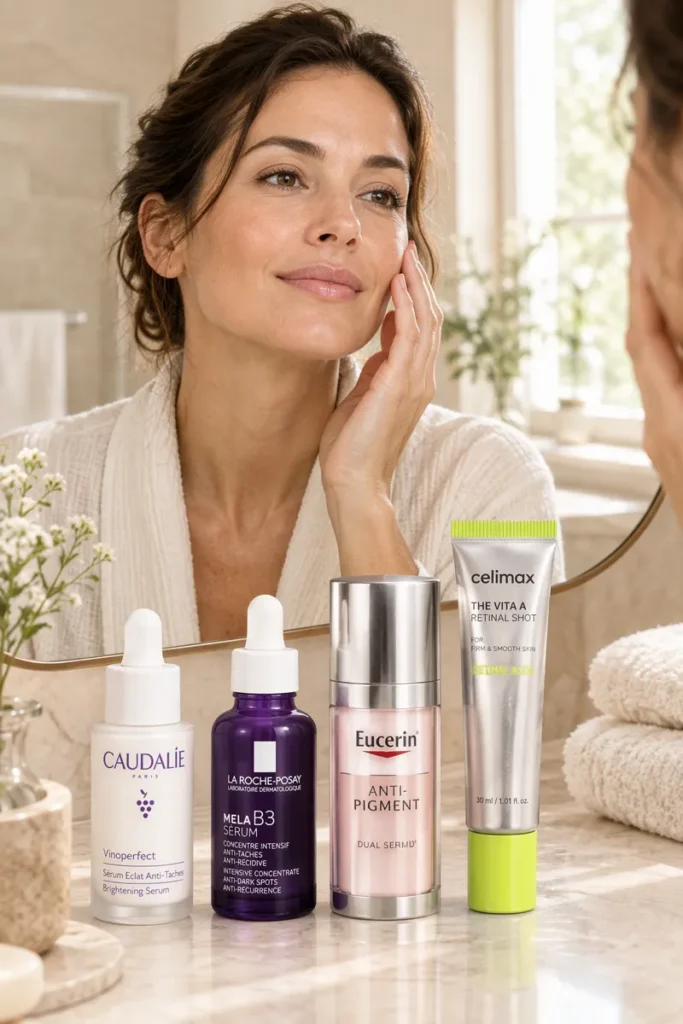 Séruns para manchas e rugas: mulher em banheiro aconchegante com Caudalie Vinoperfect, La Roche-Posay Mela B3, Eucerin Anti-Pigment e Celimax Retinal Shot.